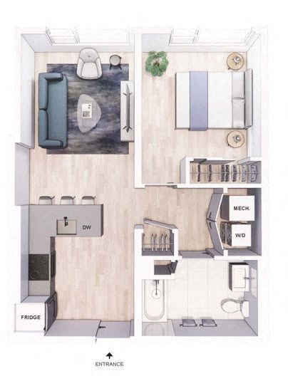 Floor plan for 1 bed, 1 bath, 610 sqft